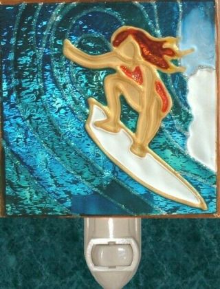 Surfer Girl Night Light Wall Plug In Stained Art Glass Wave Beach Coastal Gift 2