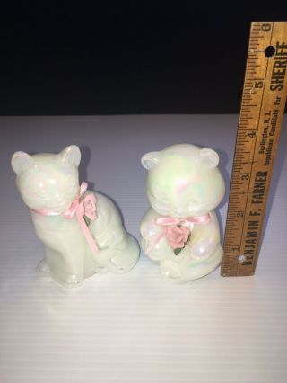 Pair Iridescent White Fenton Art Glass Figurines Bear And Cat Perfect