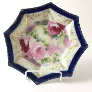 Antique Nippon Hand Painted Cobalt Blue Plate Pink Roses Gold Leaf Octagonal