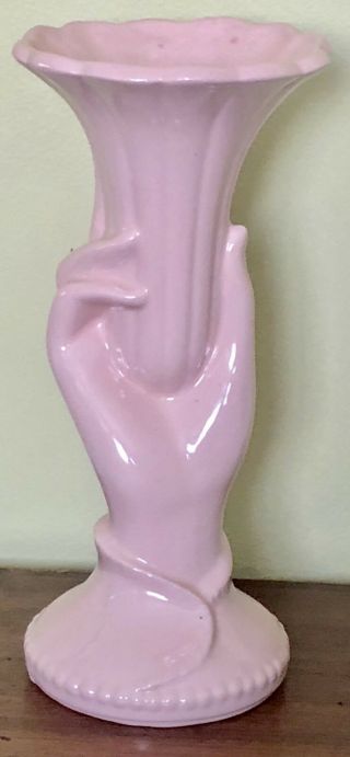 Vintage Usa Art Pottery Figural Hand Holding Trumpet Flower Light Pink Vase