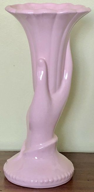 Vintage USA Art Pottery Figural Hand Holding Trumpet Flower Light Pink Vase 2