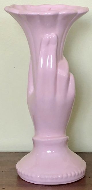 Vintage USA Art Pottery Figural Hand Holding Trumpet Flower Light Pink Vase 3