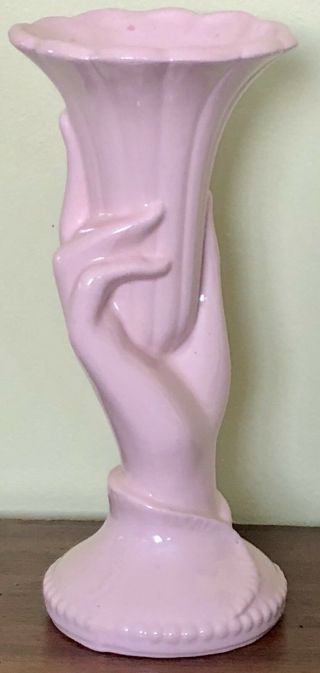 Vintage USA Art Pottery Figural Hand Holding Trumpet Flower Light Pink Vase 4