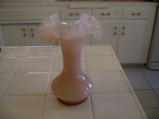 Vintage Fenton Art Glass Pink Rose Overlay Glass Vase Wth Ruffled Rim