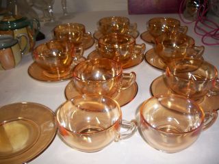 Set Of 10 Carnival Glass Marigold Plain Cups And Saucers
