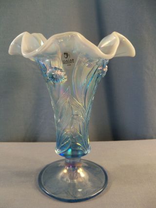 Fenton Blue Iridescent & Opalescent Glass Vase W/ Daffodil Design - 7 1/4 " Tall