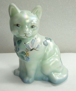 Fenton Glass Opalescent Light Green Sitting Cat Handpainted - Signed - Label