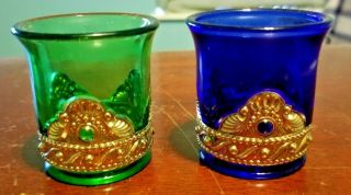 Lacy Medallion Two Antique Eapg Pattern Green & Blue Glass Toothpick Holders