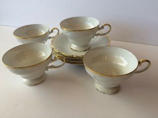 Set Of 4 Johann Haviland Bavaria Germany Tea Cups And Saucers White W Gold Trim