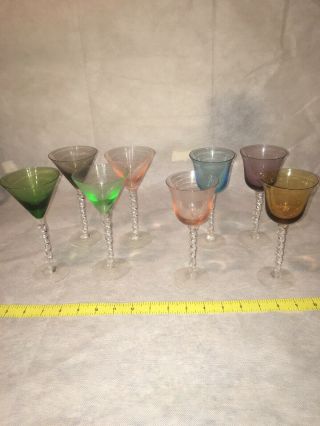 8 Vintage Twisted Stem Cocktail Glasses 3 Oz Multi Color,  Martini/cordial/wine