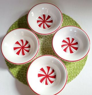 4 Vintage Fiesta Homer Laughlin Peppermint Bowls Red White Stripe Candy