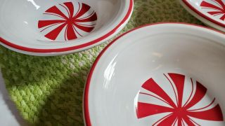 4 Vintage Fiesta Homer Laughlin Peppermint Bowls Red White Stripe Candy 2
