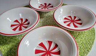 4 Vintage Fiesta Homer Laughlin Peppermint Bowls Red White Stripe Candy 3