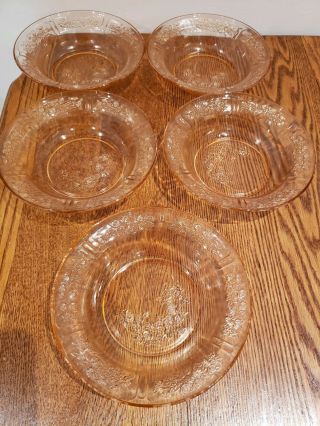 5 - Federal Pink Depression Glass Sharon Cabbage Rose 7 1/2 " Flat Soup Bowls
