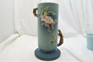 Roseville Blue Apple Blossom 387 - 9 9 1/2 " Footed Vase