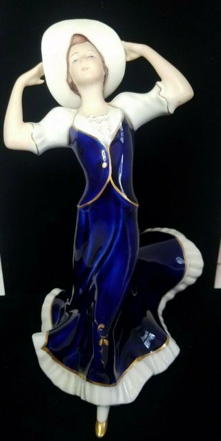 Vintage Royal Dux Bohemian Figurine - Lady Dancing W/ Cobalt Dress & Hat