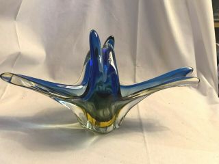 Murano 8 Fingers Blue Clear Amber Art Glass Bowl