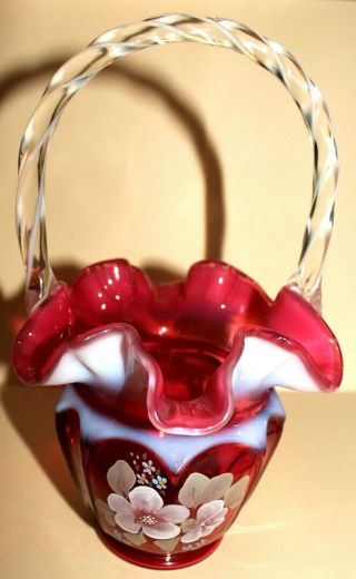 Fenton Art Glass Hand Painted Cranberry Opalescent Open Heart Arches Basket 