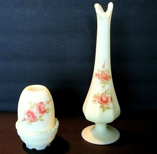 Vintage Fenton Vaseline Custard Hand Painted Roses Vase & Candle Light