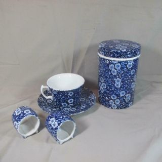 Antique Royal Crownford China Blue Calico Cup & Saucer,  2 Napkin Rings,  Canister