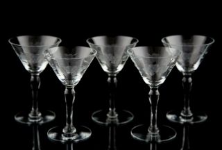 Vintage Liquor Cocktail Glasses Set Of 5 Gray Cut Floral Elegant Optic Stemware