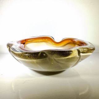 Lrg Glass Cigar Ashtray Gold Amber Aventurine Trinket Dish Bowl Mcm Mid Century