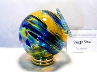 Glass Eye Studio Blue & Yellow Feather Art Glass Float Ball Garden / Pond