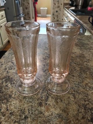 Pair 1930’s Federal Glass In Madrid Pink Pattern Vase 8 3/8” Tall