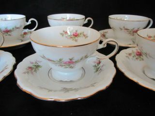 Johann Haviland Bavaria Germany - Moss Rose 6 Footed Cups And Saucers