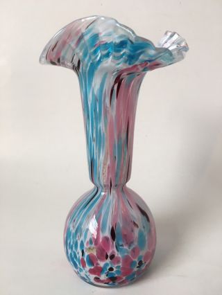 End Of Day Art Glass Vase Murano Style Ruffled Pink Blue Hand Blown 8 "