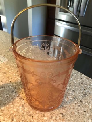 Vintage Pink Depression Glass Etched Engraved Flower W/chrome Handle Ice Bucket