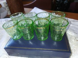 Set Of 8 Green Vaseline Glass Uranium Shot Glasses With Gold Trim & Teardrop