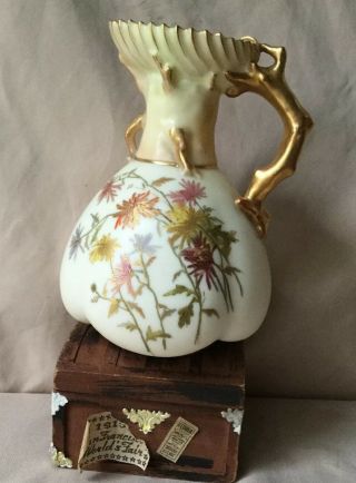 Antique Royal Worcester Blush China Floral Painted Creamer BRANCH Handle c1888 2