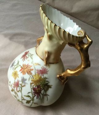 Antique Royal Worcester Blush China Floral Painted Creamer BRANCH Handle c1888 8