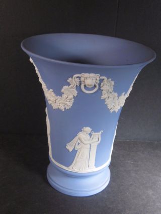 Wedgwood Jasper Blue & White Trumpet Vase 6 " Sacrifice Figures