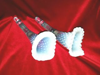 2 Blue Opalescent Hobnail Art Glass Epergne Lily Horns