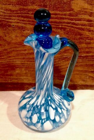 Vintage Art Glass Blue & White Speckled Cruet W/stopper Blenko Htf