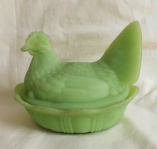 Vintage Fenton Lime Green Satin Glass Hen On Nest Covered Dish Signed
