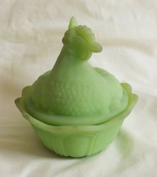 Vintage Fenton Lime Green Satin Glass Hen on Nest Covered Dish Signed 2