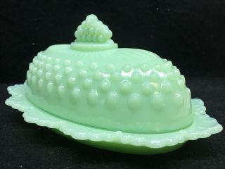 Jadeite Green Milk Glass Hobnail Pattern Covered Stick Butter Dish / Opaque Jade
