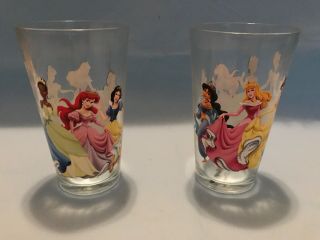 Set Of 2 Walt Disney Princess Glass Cups Ariel Jasmine Aurora Belle Snow White