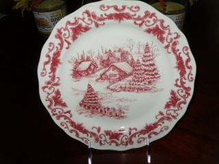 Maxcera Christmas Winter Village Salad Plates Set/2 Porcelain Red White Toile