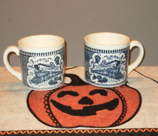 Royal China Currier And Ives Blue And White Train Mugs 2 A