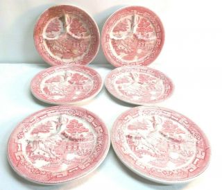 Set Of 6 Vintage Moriyama Red Willow Divided Grill Plate Made In Japan