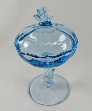 Aqua Blue Glass Compote Candy Dish Pedestal Whimsical Cinderella Design