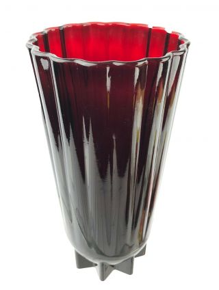 Vintage Dark Ruby Red Glass Vase Fluted Ribbed 8 Sided Star Base Bottom 10 "