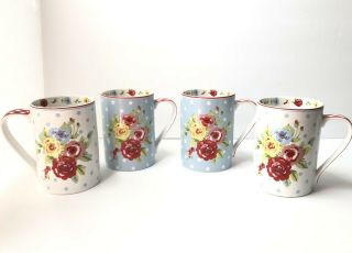 222 Fifth Country Mugs (set Of 4) Blue White Floral Polka Dot Red Gingham