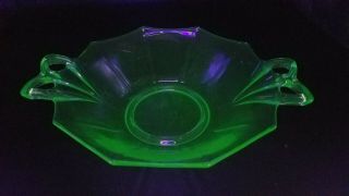 Antique Vintage Uranium Vaseline Glass Bow Handle Bowl 11 "