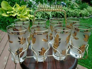 Vintage Libby Gold Leaf Frosted Tumblers Glasses With Carrier Set Of 8