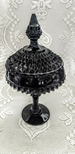 Vintage Tiara Indiana Glass Black Diamond Point Pedestal Candy Compote W/lid